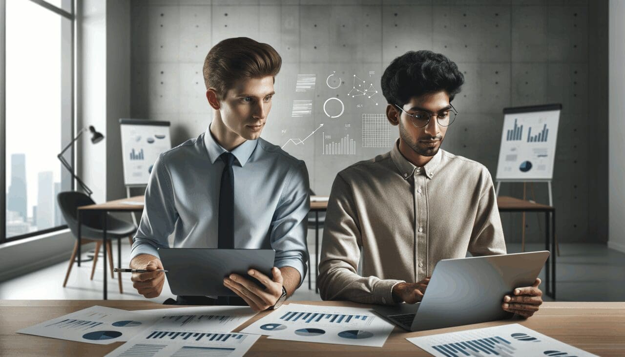 Dos jóvenes emprendedores analizando datos en una oficina moderna con laptops y pizarras con gráficos