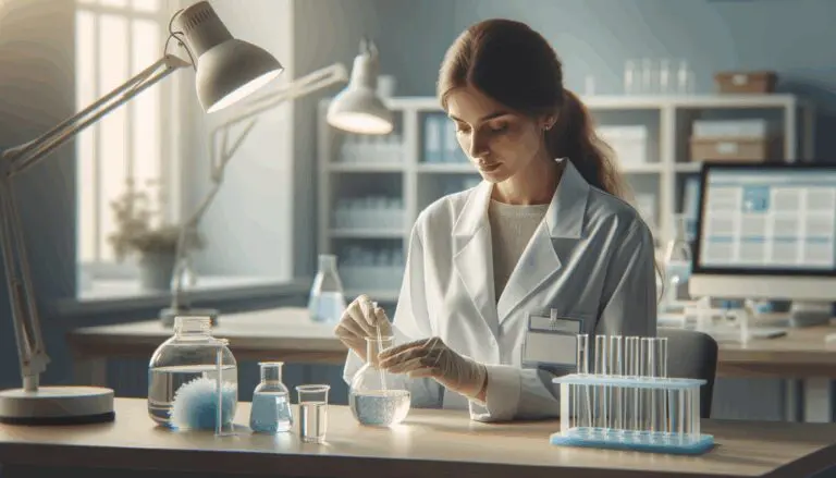 Persona en laboratorio desarrollando productos de limpieza ecológicos