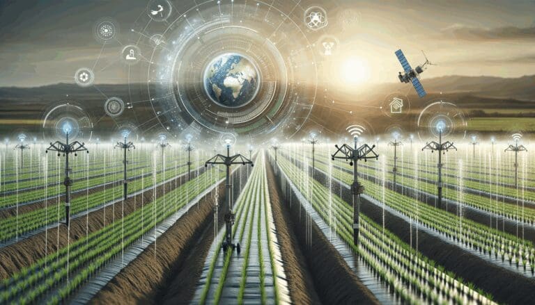 Campo agrícola irrigado con sensores digitales y tecnología satelital