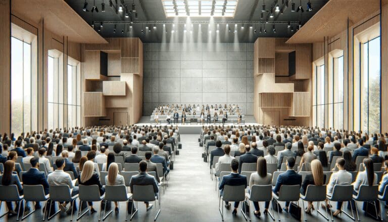 Auditorio moderno lleno de emprendedores durante una conferencia de negocios