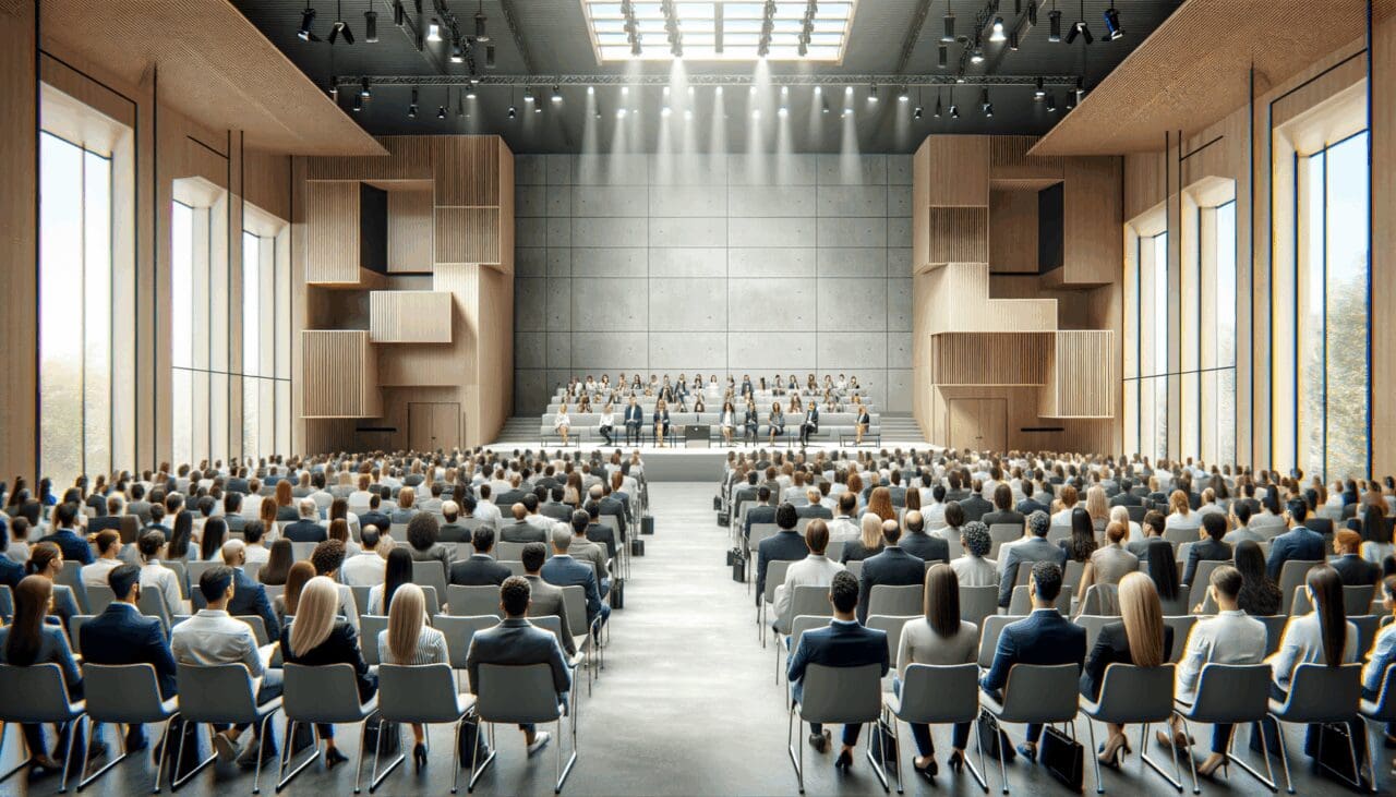 Auditorio moderno lleno de emprendedores durante una conferencia de negocios