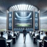 Vista interior de un estadio moderno con pantallas digitales y visitantes en una experiencia guiada