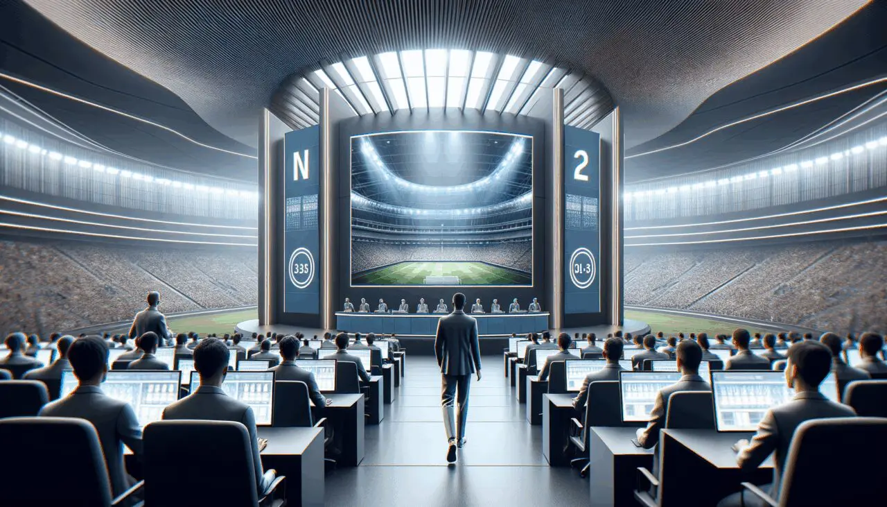 Vista interior de un estadio moderno con pantallas digitales y visitantes en una experiencia guiada