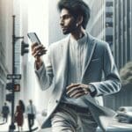 Persona caminando por una ciudad con su smartphone en la mano siguiendo una ruta digital