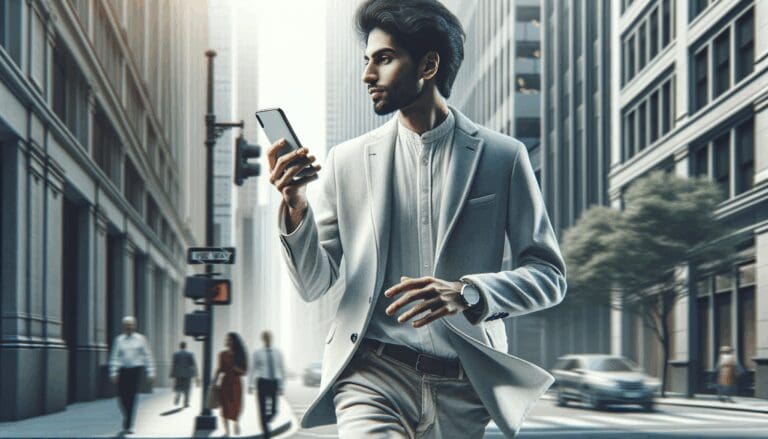 Persona caminando por una ciudad con su smartphone en la mano siguiendo una ruta digital