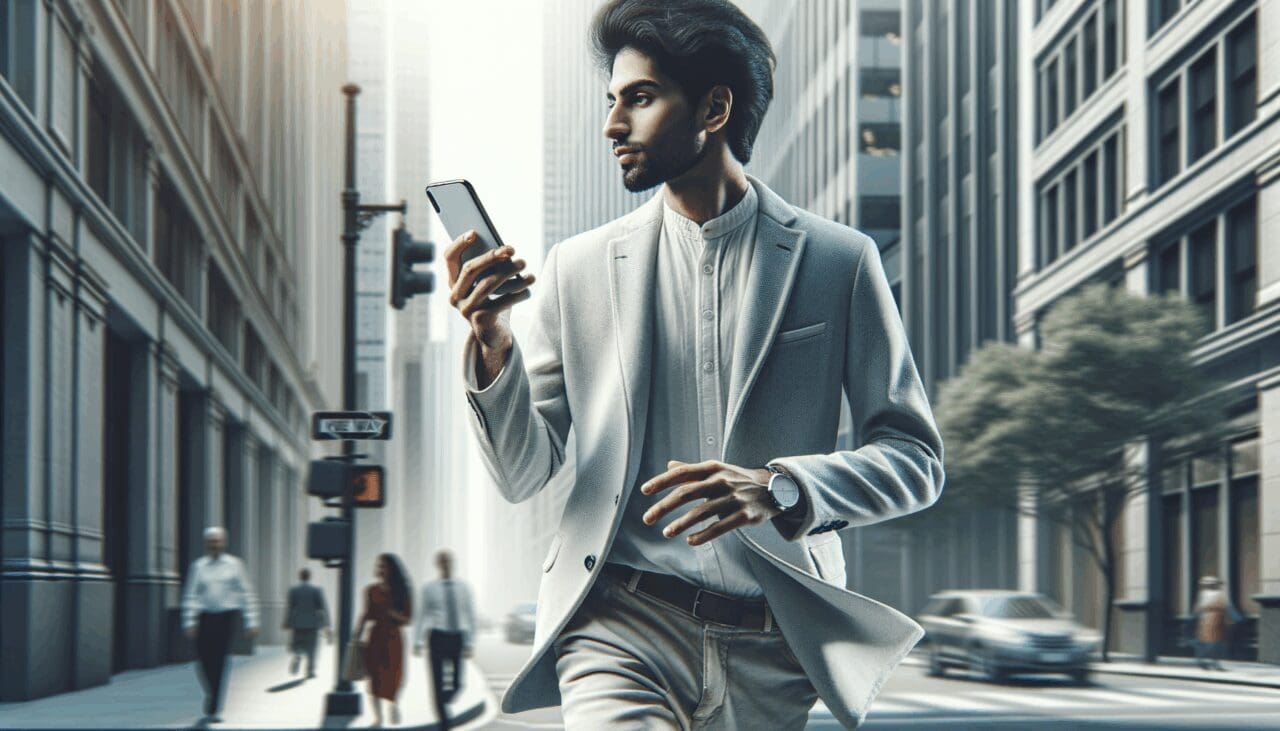Persona caminando por una ciudad con su smartphone en la mano siguiendo una ruta digital