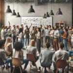 Personas reunidas en una sala de startups, compartiendo ideas frente a una pizarra