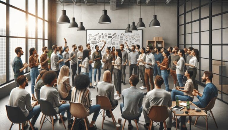 Personas reunidas en una sala de startups, compartiendo ideas frente a una pizarra