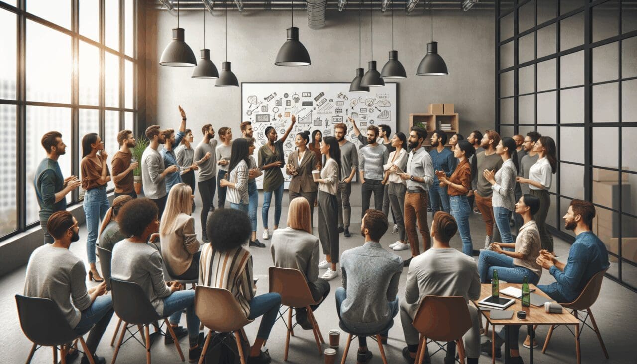 Personas reunidas en una sala de startups, compartiendo ideas frente a una pizarra