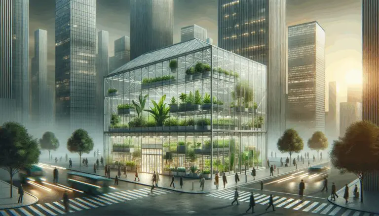 Invernadero moderno en un entorno urbano, resaltando tecnología verde.