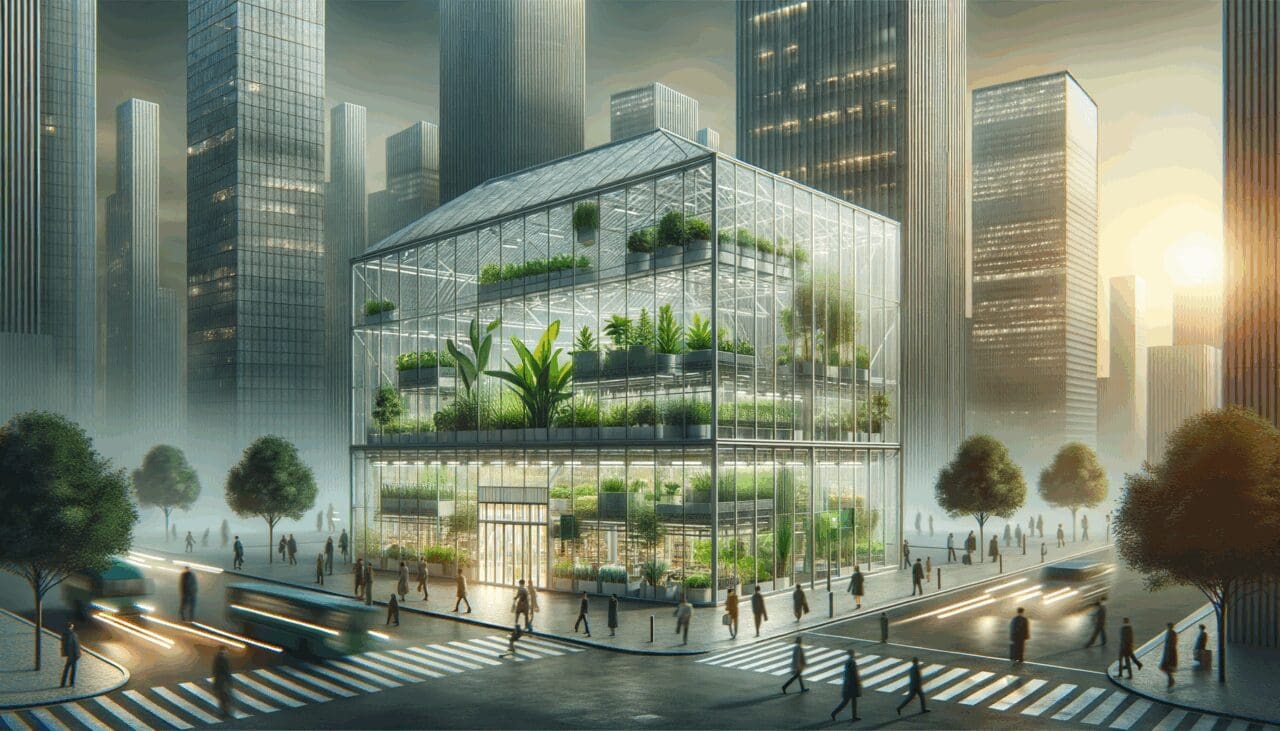 Invernadero moderno en un entorno urbano, resaltando tecnología verde.