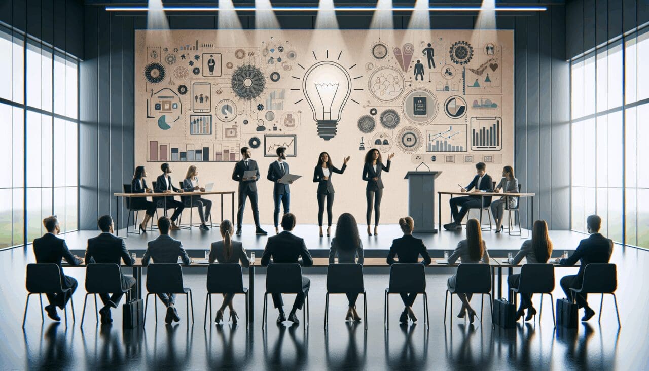 Emprendedores presentando ideas frente a jurado en un escenario tecnológico moderno
