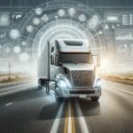 Primer plano de un camión autónomo en una autopista estadounidense con fondo tecnológico