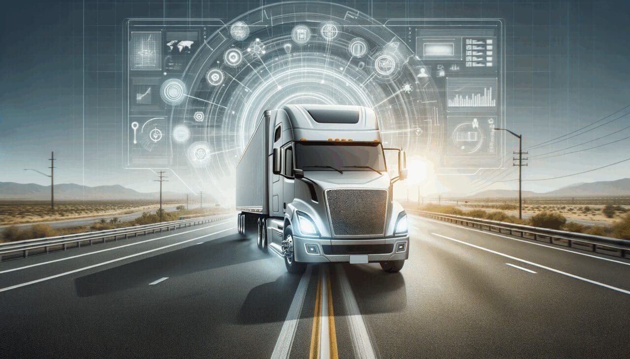 Primer plano de un camión autónomo en una autopista estadounidense con fondo tecnológico