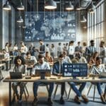 Grupo de emprendedores trabajando frente a pantallas con gráficos tecnológicos en un espacio de coworking moderno