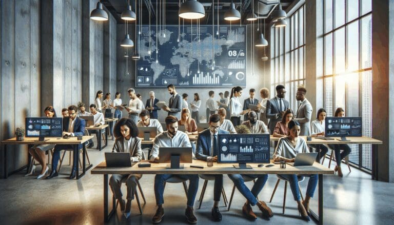 Grupo de emprendedores trabajando frente a pantallas con gráficos tecnológicos en un espacio de coworking moderno