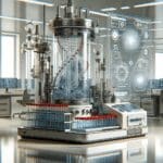 Primer plano de un laboratorio biotecnológico moderno con tubos de ensayo y maquinaria avanzada