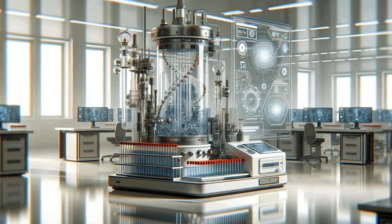 Primer plano de un laboratorio biotecnológico moderno con tubos de ensayo y maquinaria avanzada