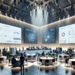 Interior de un evento tecnológico con emprendedores conectando y presentaciones en pantalla