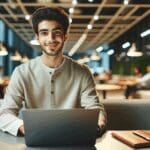 Retrato de un joven emprendedor trabajando en una laptop dentro de un coworking moderno