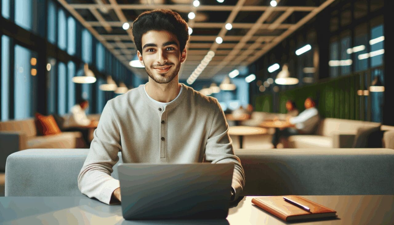 Retrato de un joven emprendedor trabajando en una laptop dentro de un coworking moderno