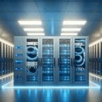 Sala de servidores iluminada con luces azules y cables conectados a equipos tecnológicos