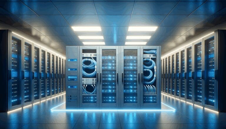 Sala de servidores iluminada con luces azules y cables conectados a equipos tecnológicos