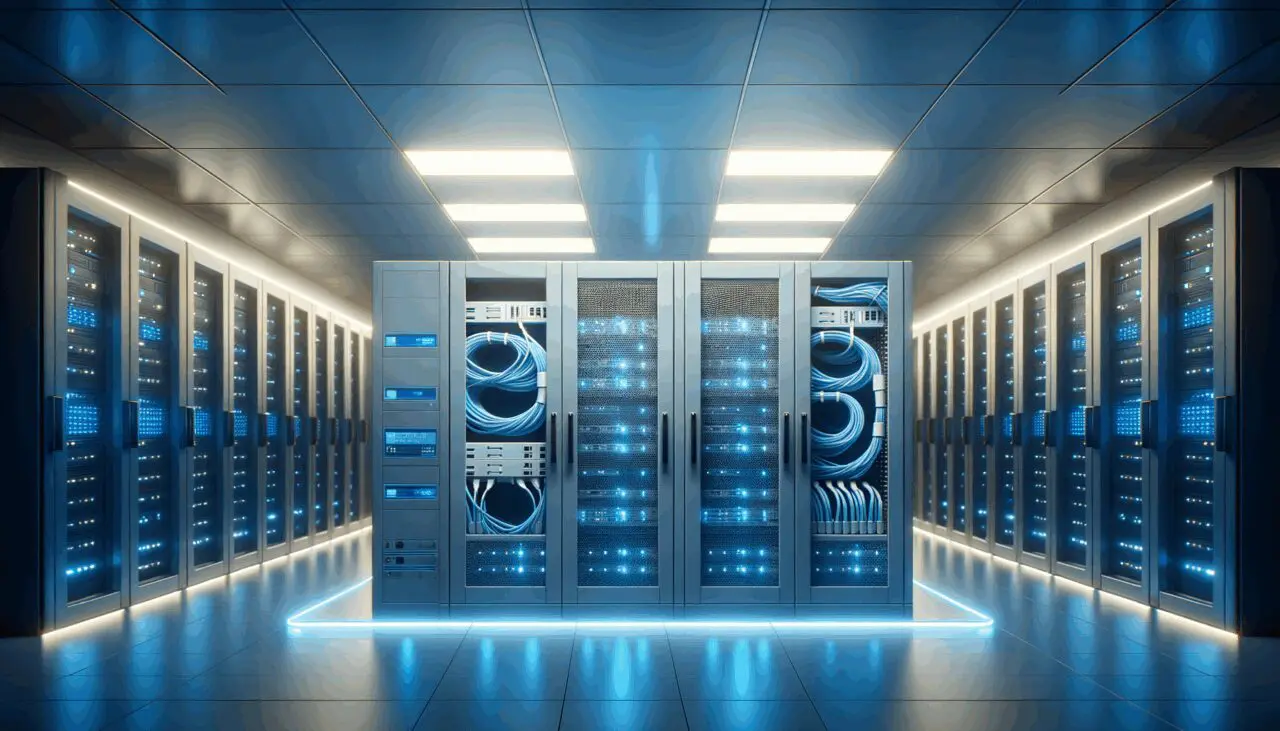 Sala de servidores iluminada con luces azules y cables conectados a equipos tecnológicos
