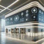 Vista interior de un edificio moderno con paneles digitales y cámaras de seguridad
