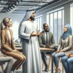 Primer plano de un emprendedor hablando con un grupo en un espacio de coworking tecnológico