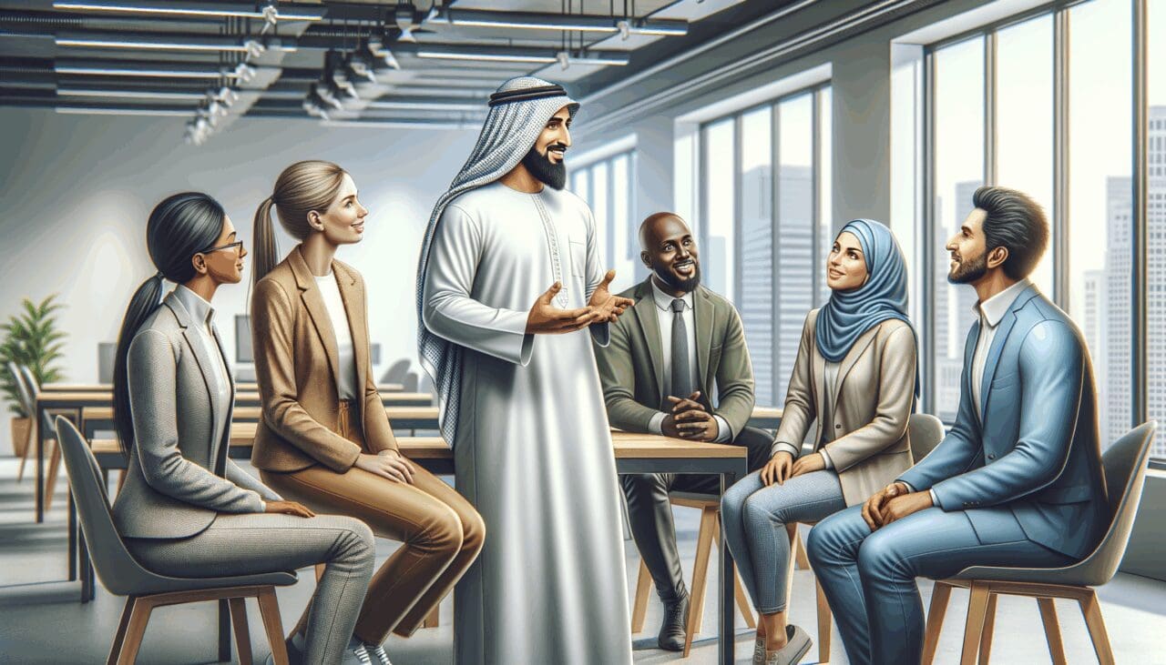 Primer plano de un emprendedor hablando con un grupo en un espacio de coworking tecnológico