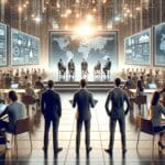 Emprendedores en un evento tecnológico rodeados de pantallas y luces modernas