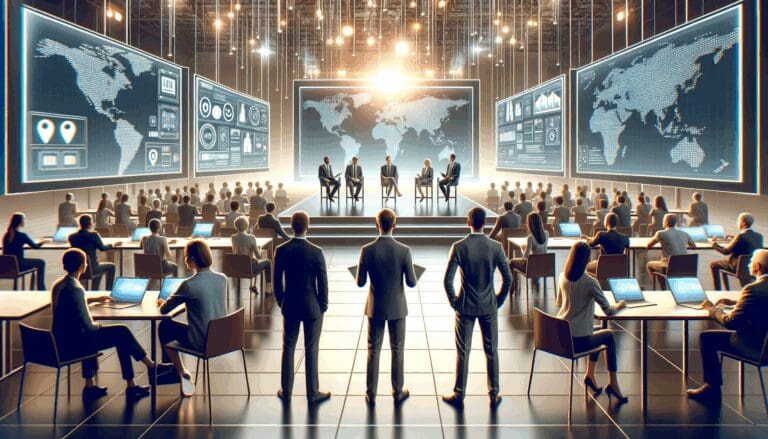 Emprendedores en un evento tecnológico rodeados de pantallas y luces modernas