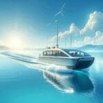 Barco eléctrico navegando en aguas cristalinas con cielos despejados