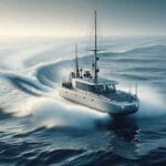 Embarcación eléctrica navegando en mar abierto durante pruebas tecnológicas