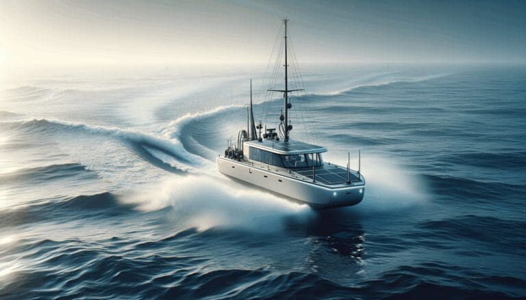 Embarcación eléctrica navegando en mar abierto durante pruebas tecnológicas