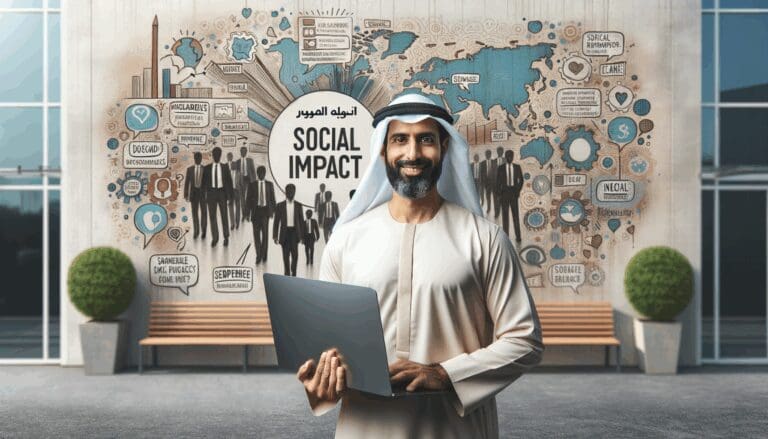 Retrato de un emprendedor sosteniendo un portátil frente a un mural de ideas de impacto social
