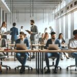 Oficinas modernas con emprendedores trabajando en laptops en un espacio de coworking