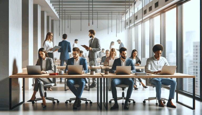 Oficinas modernas con emprendedores trabajando en laptops en un espacio de coworking