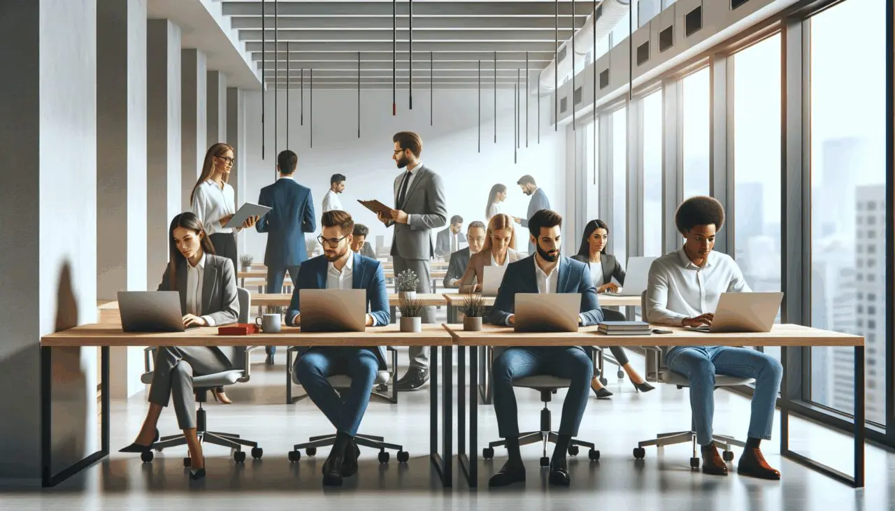Oficinas modernas con emprendedores trabajando en laptops en un espacio de coworking