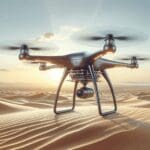 Dron autónomo operando en un entorno desértico con cielo despejado