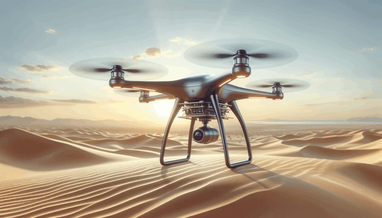 Dron autónomo operando en un entorno desértico con cielo despejado