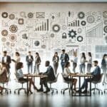 Espacio de innovación con emprendedores colaborando frente a pantallas digitales