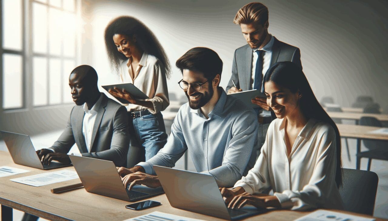 Equipo de emprendedores trabajando en laptops dentro de un espacio moderno de coworking