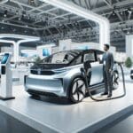 Innovadores vehículos eléctricos en exhibición dentro de una feria tecnológica moderna