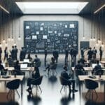 Emprendedores reunidos en un espacio moderno con pizarras digitales y laptops encendidas