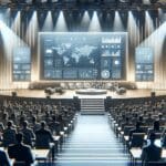 Auditorio lleno en un evento tecnológico con luces modernas y ponencias en curso