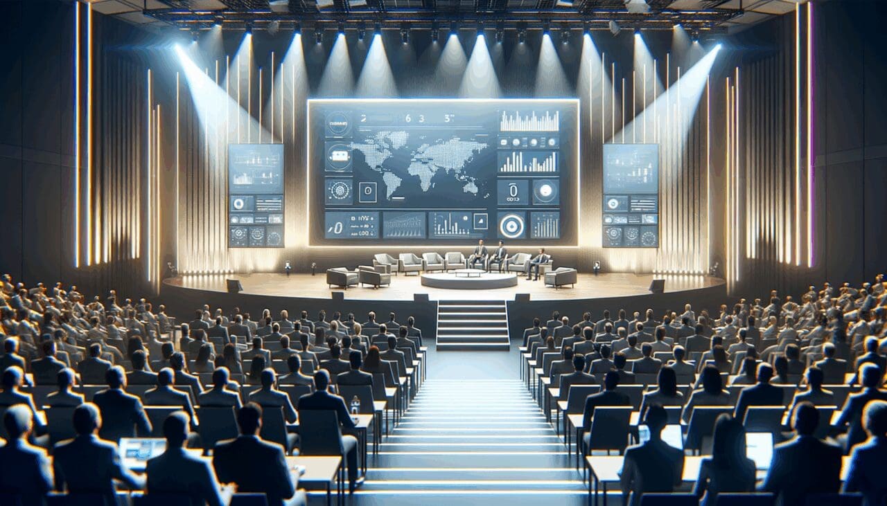 Auditorio lleno en un evento tecnológico con luces modernas y ponencias en curso