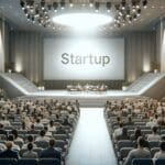 Auditorio moderno con público asistiendo a una presentación de startups