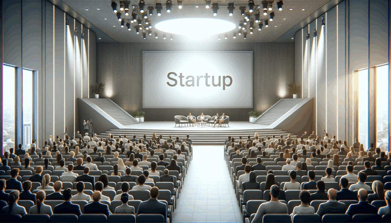 Auditorio moderno con público asistiendo a una presentación de startups